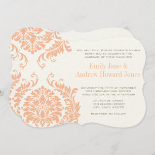Peach Coral and Mushroom Damask Wedding Invitation Kaart