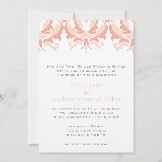 Peach Coral and Mushroom Damask Wedding Invitation Kaart (Voorkant)