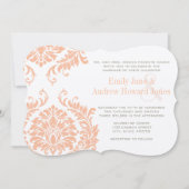 Peach Coral and Mushroom Damask Wedding Invitation Kaart (Voorkant)