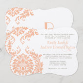 Peach Coral and Mushroom Damask Wedding Invitation Kaart (Voorkant / Achterkant)