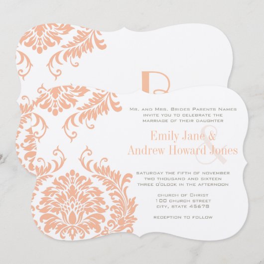 Peach Coral and Mushroom Damask Wedding Invitation Kaart (Voorkant / Achterkant)
