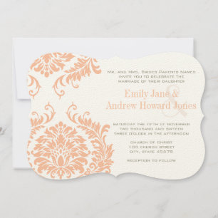 Peach Coral and Mushroom Damask Wedding Invitation Kaart