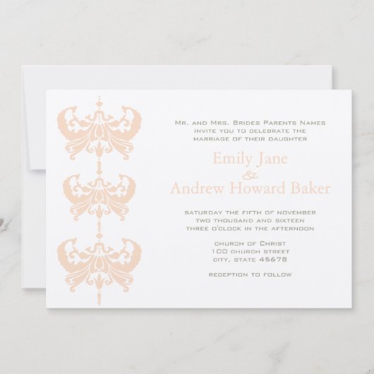 Peach Coral and Mushroom Damask Wedding Invitation Kaart (Voorkant)