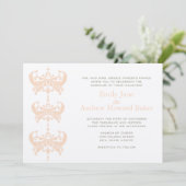 Peach Coral and Mushroom Damask Wedding Invitation Kaart (Staand voorkant)