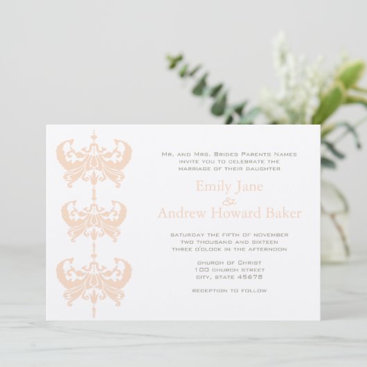 Peach Coral and Mushroom Damask Wedding Invitation Kaart (Staand voorkant)