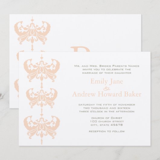 Peach Coral and Mushroom Damask Wedding Invitation Kaart (Voorkant / Achterkant)