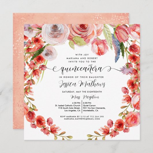 Peach Coral Floral en Glitter Quinceañera Kaart (Voorkant / Achterkant)