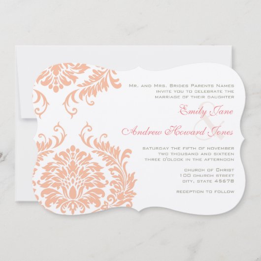 Peach Coral Roos Gold Damask Weddenschap Kaart (Voorkant)