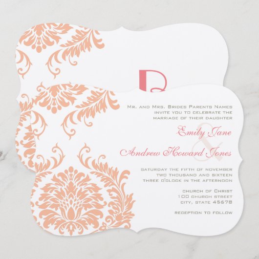 Peach Coral Roos Gold Damask Weddenschap Kaart (Voorkant / Achterkant)