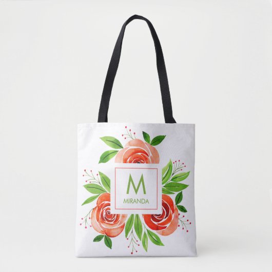 Peach-Coral Rozen Waterverf Monogram gepersonalise Tote Bag (Voorkant)