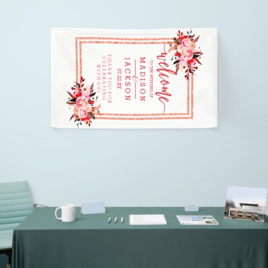 Peach & Coral Waterverf Bloemen Huwelijk Welkom Spandoek (Beurs)