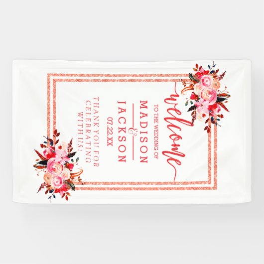 Peach & Coral Waterverf Bloemen Huwelijk Welkom Spandoek (Horizontaal)