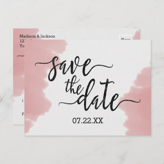 Peach Coral Waterverf Bruiloft Save the Date Aankondigingskaart (Voorkant / Achterkant)