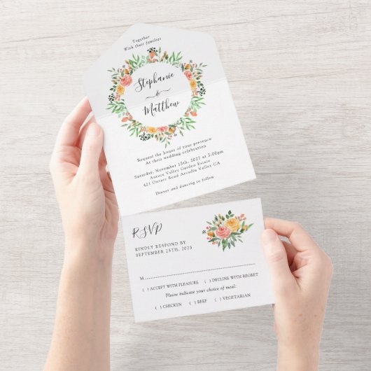 Peach Coral Waterverf Floral Wedding All In One Uitnodiging (Afscheurbaar)