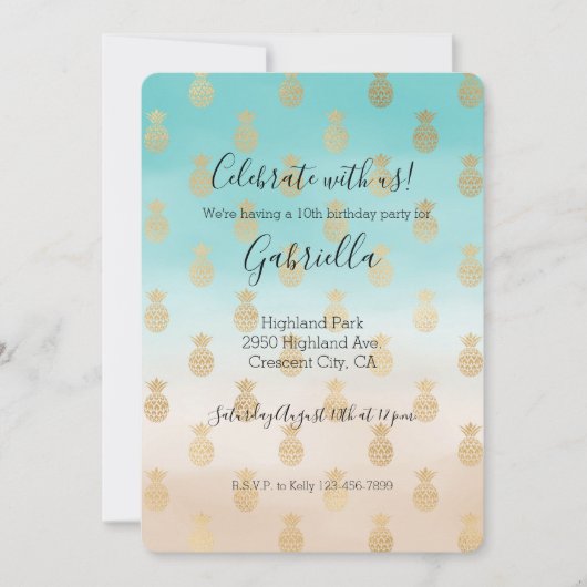 Peach Cream Aqua Ombre Gouden Ananas Kaart (Voorkant)