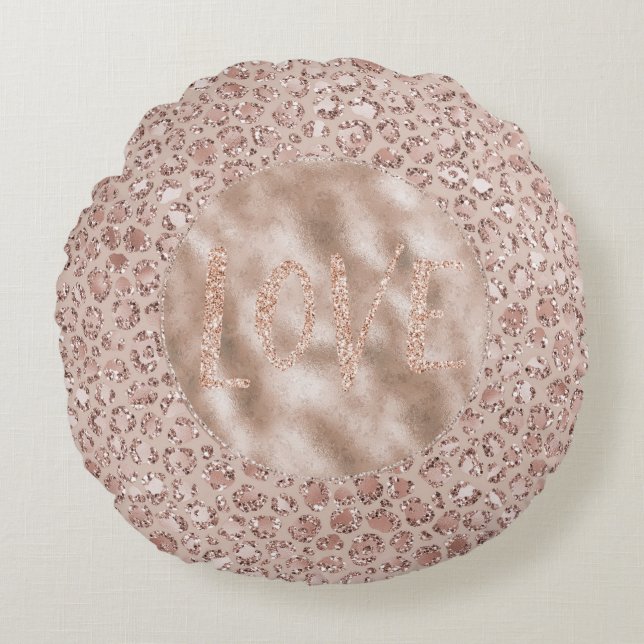 Peach Cream Blush Leopard Print Glitter Love Rond Kussen (Voorkant)