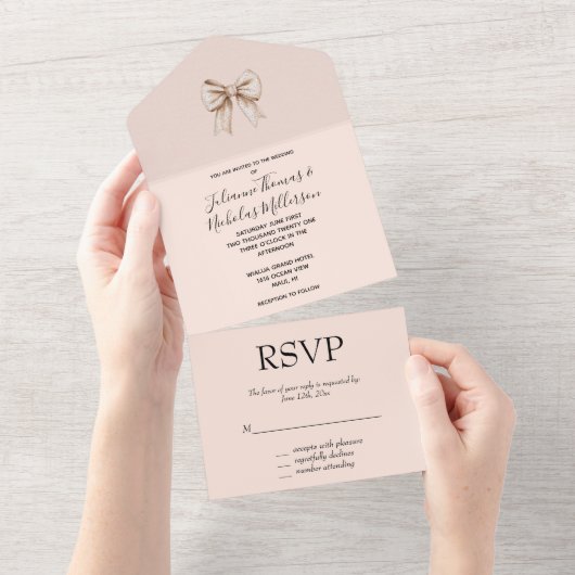 Peach Cream Bow Wedding All In One Uitnodiging (Afscheurbaar)