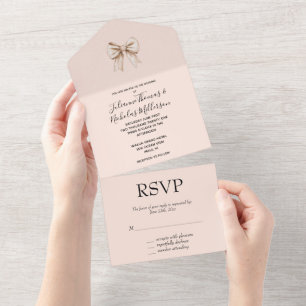 Peach Cream Bow Wedding All In One Uitnodiging