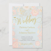 Peach Cream en Blue Spring Gold Script Wedding Kaart (Voorkant)