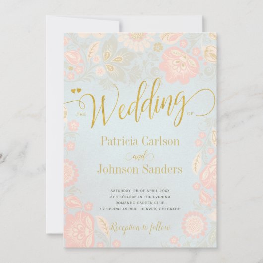 Peach Cream en Blue Spring Gold Script Wedding Kaart (Voorkant)