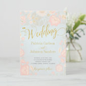 Peach Cream en Blue Spring Gold Script Wedding Kaart (Staand voorkant)