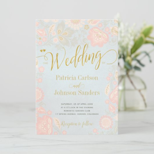 Peach Cream en Blue Spring Gold Script Wedding Kaart (Staand voorkant)