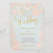 Peach Cream en Blue Spring Gold Script Wedding Kaart (Voorkant / Achterkant)