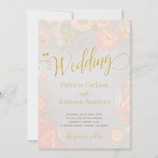 Peach Cream en Blush Spring Gold Script Wedding Kaart (Voorkant)