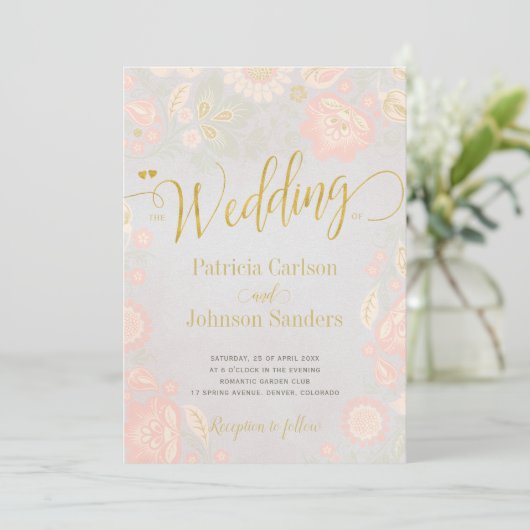Peach Cream en Blush Spring Gold Script Wedding Kaart (Staand voorkant)