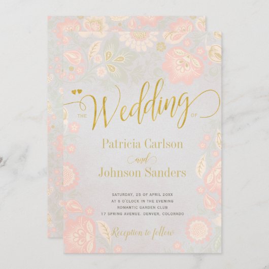 Peach Cream en Blush Spring Gold Script Wedding Kaart (Voorkant / Achterkant)