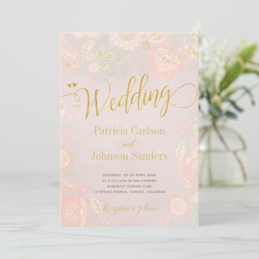 Peach Cream en Blush Spring Gold Script Wedding Kaart (Staand voorkant)