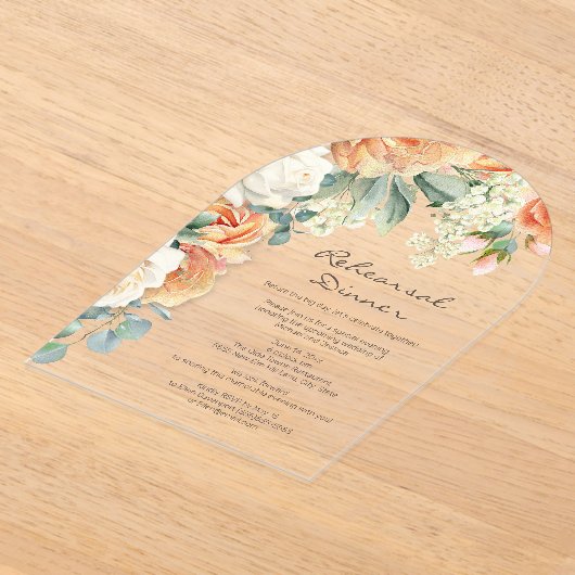 Peach Cream Floral Greenery Arch repetitie diner Acryl Uitnodigingen (Laagn)