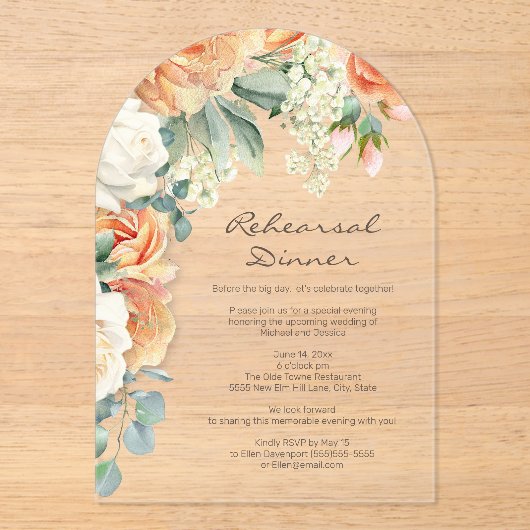 Peach Cream Floral Greenery Arch repetitie diner Acryl Uitnodigingen (Voorkant)