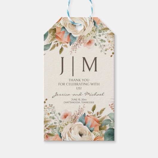 Peach Cream Floral Monogram bruiloft Cadeaulabel (Voorkant)