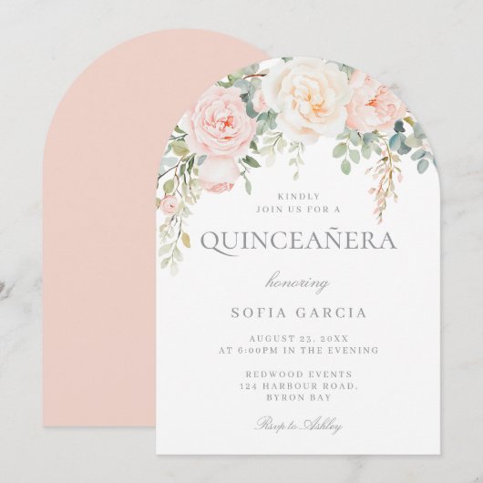 Peach & Cream Floral Quinceanera 15e partij Kaart (Voorkant / Achterkant)