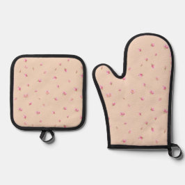 Peach Cream Japanese Pink Tulip Floral Pattern Ovenwant & Pannenlap Set