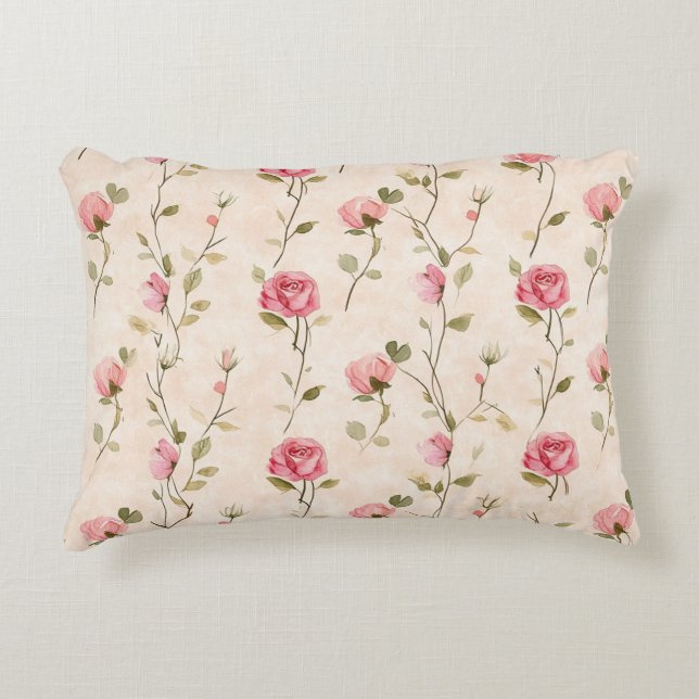 Peach Cream Pink Roses Floral Accent Kussen (Voorkant)