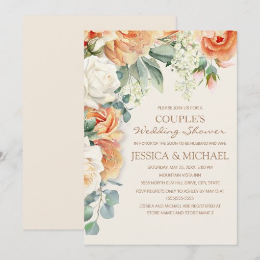 Peach Cream Waterverf Bloemen Paar Douche Kaart (Voorkant / Achterkant)