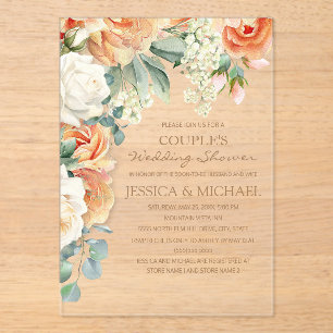 Peach Cream Waterverf Bloemenboog Paar Douche Acryl Uitnodigingen