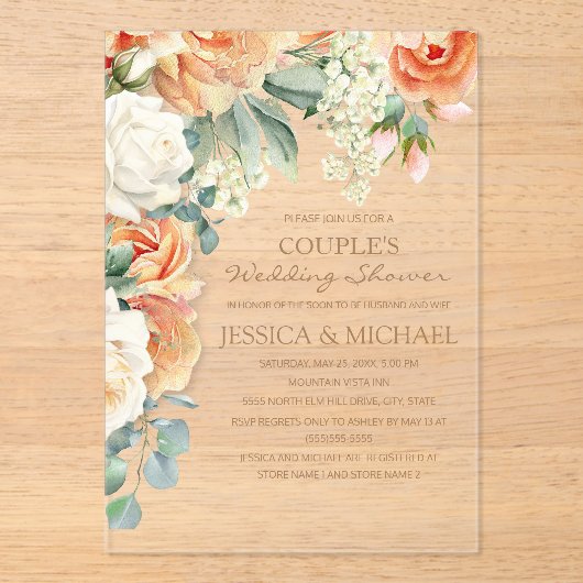 Peach Cream Waterverf Bloemenboog Paar Douche Acryl Uitnodigingen (Voorkant)