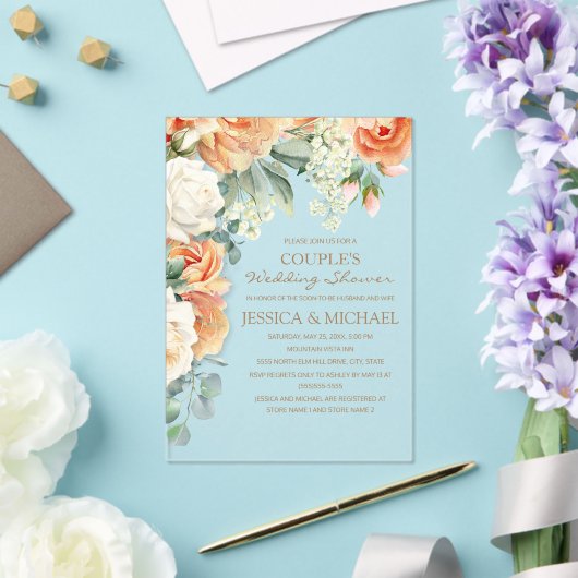 Peach Cream Waterverf Bloemenboog Paar Douche Acryl Uitnodigingen (Insitu (Huwelijk))