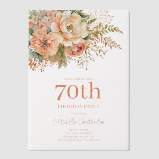 Peach Cream Waterverf Floral 70ste verjaardag Vellum Uitnodigingen (Voorkant)