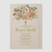 Peach Cream Waterverf Floral Gold Cross Doop Vellum Uitnodigingen (Voorkant)