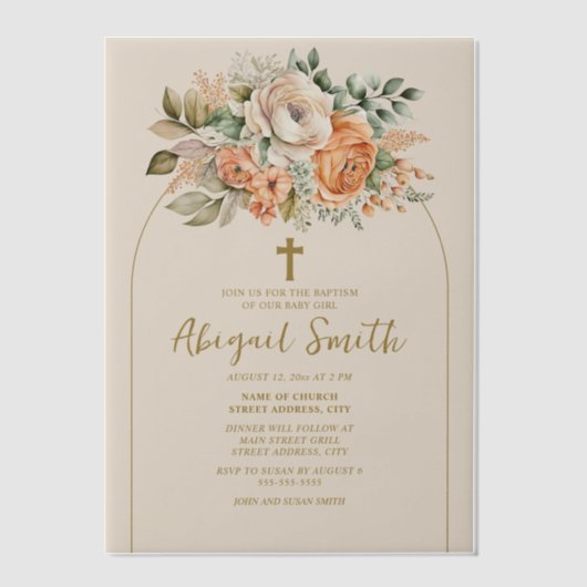 Peach Cream Waterverf Floral Gold Cross Doop Vellum Uitnodigingen (Voorkant)