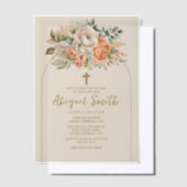 Peach Cream Waterverf Floral Gold Cross Doop Vellum Uitnodigingen (Offset)
