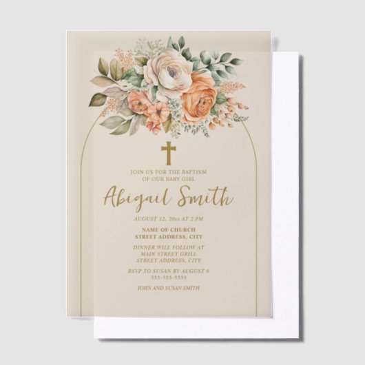 Peach Cream Waterverf Floral Gold Cross Doop Vellum Uitnodigingen (Offset)