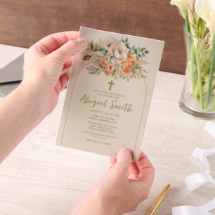Peach Cream Waterverf Floral Gold Cross Doop Vellum Uitnodigingen