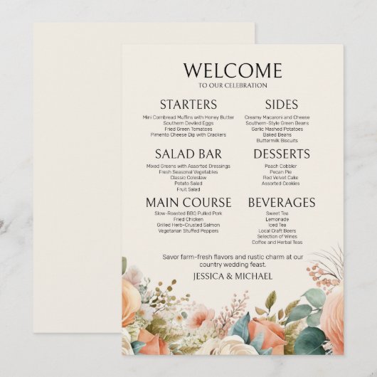 Peach Cream Waterverf Floral Wedding Menu (Voorkant / Achterkant)