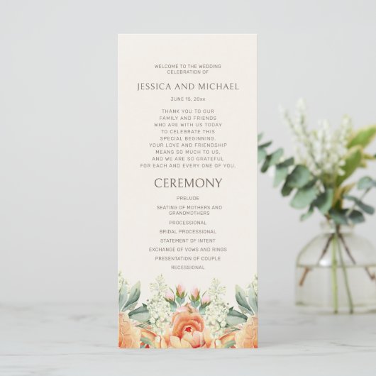 Peach Cream Waterverf Floral Wedding Programma (Staand voorkant)