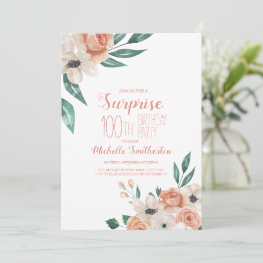  peach crème Floral 100th Birthday Kaart (Staand voorkant)